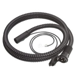 Black MiniPlug inlet cable, coiled, white background