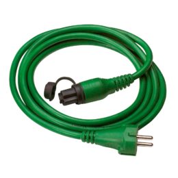 Green MiniPlug Xtreme connection cable, coiled, white background
