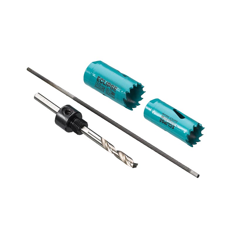 Installation tool kit for MiniPlug, consisting of hole saws, file, drill and a recessing tool