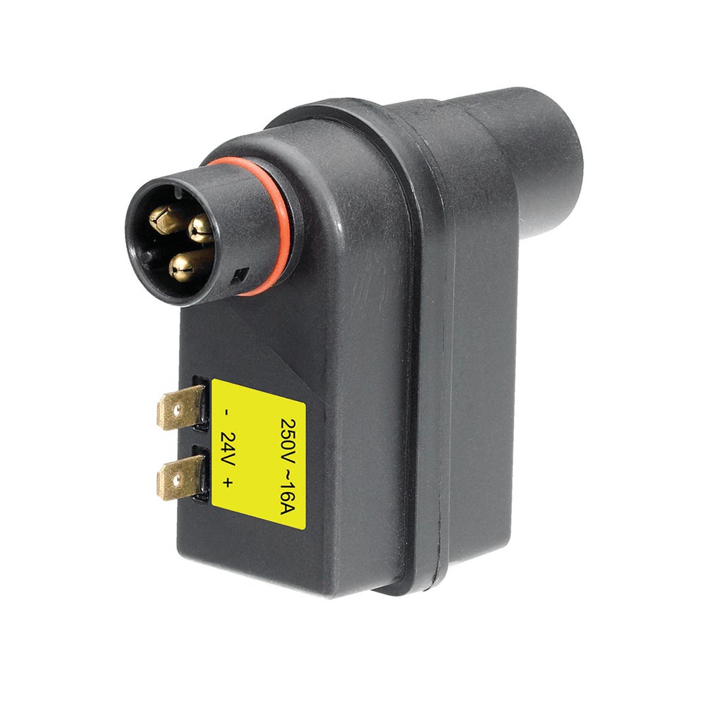 Black PlugIn relay contact for controlling engine and interior heater, white background