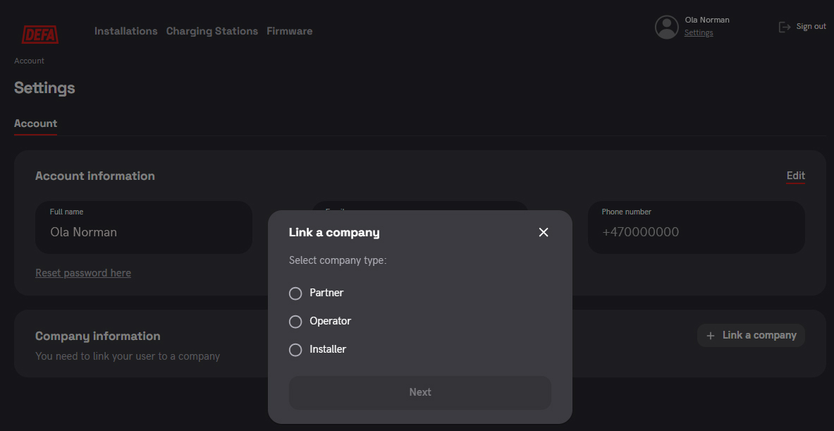 Iot console - select company type