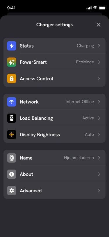 Screenshot - Charger settings in the DEFA Power app