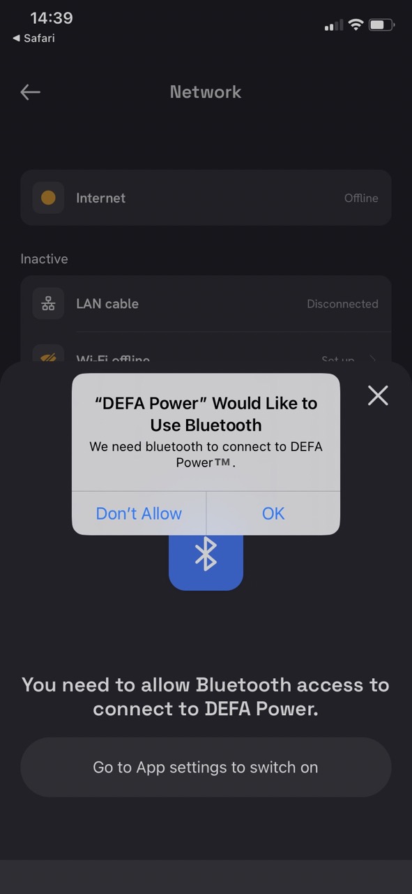 Screenshot - Allow Bluetooth access in the DEFA Power app