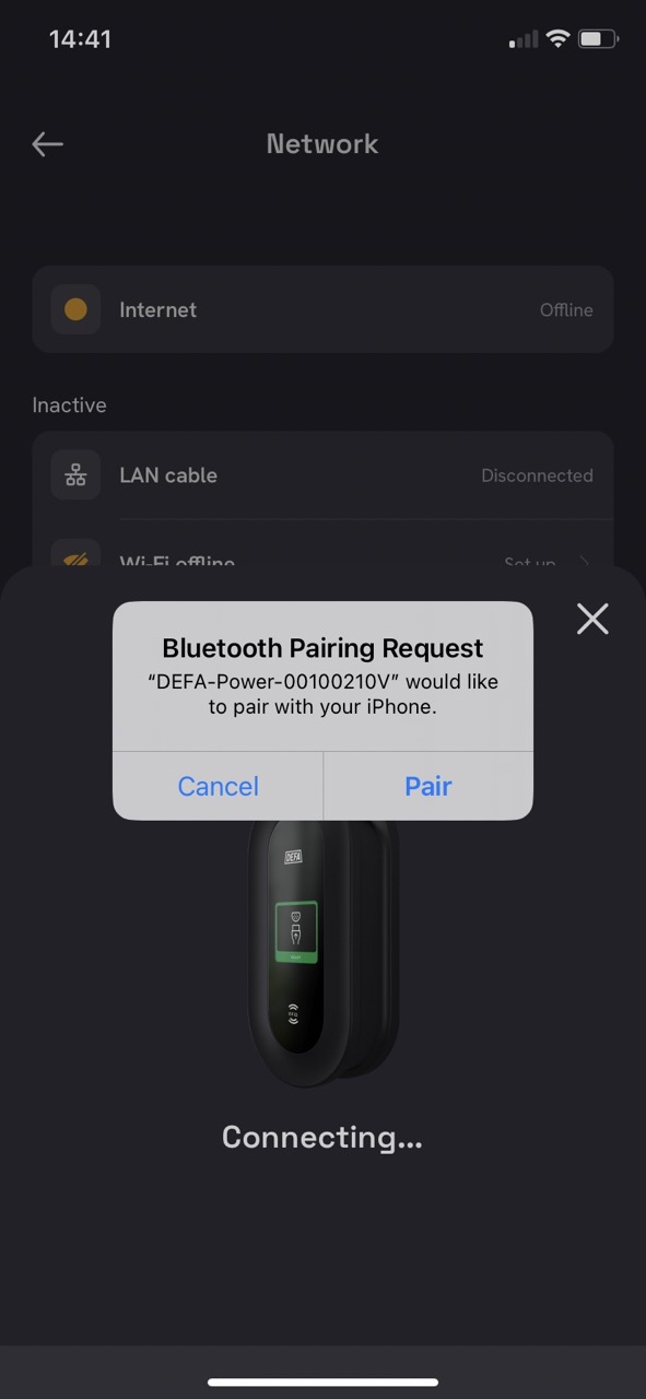 Screenshot - Bluetooth pairing request in the DEFA Power app