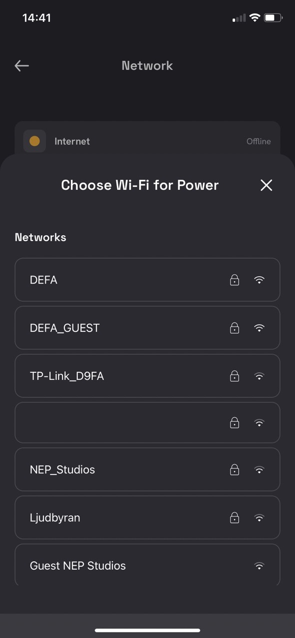 Screenshot - Select Wifi network in the DEFA Power app