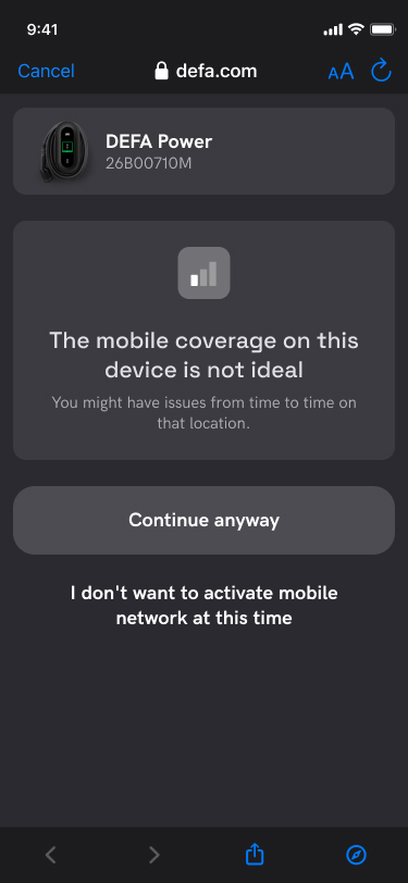 Screenshot - Continue with cellular connectivity setup in the DEFA Power app