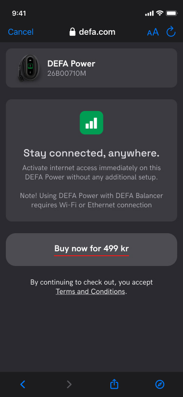Screenshot - Buy cellular connectivity in the DEFA Power app