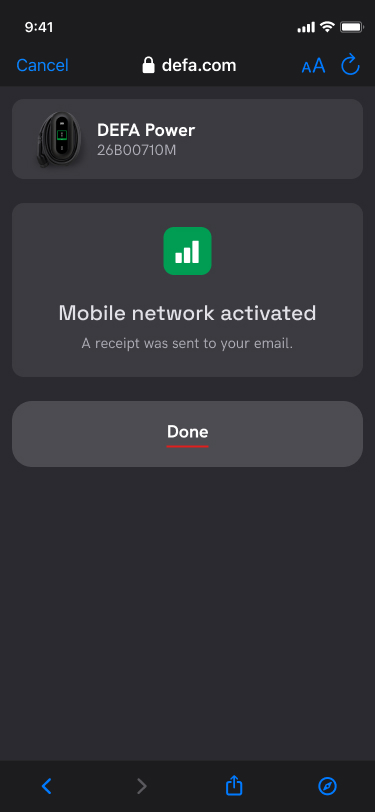 Screenshot - Cellular connectivity activated in the DEFA Power app