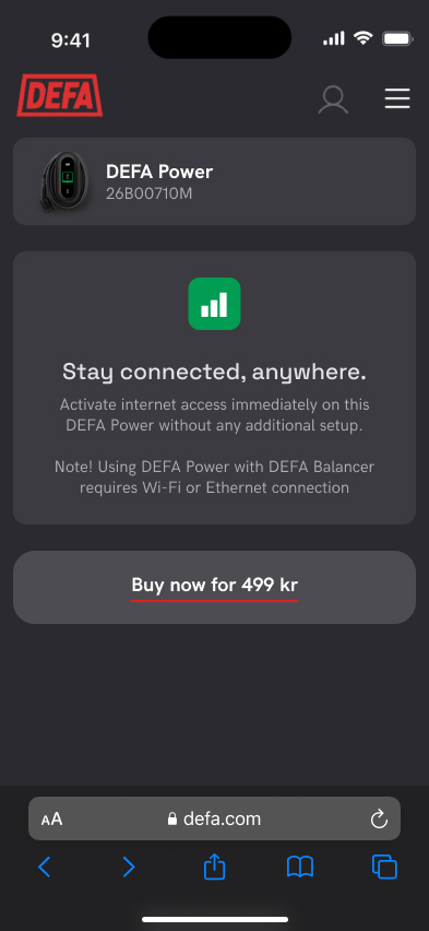 Screenshot - Buy cellular connectivity for DEFA Power