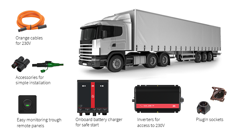 Inverters and battery chargers for heavy truck