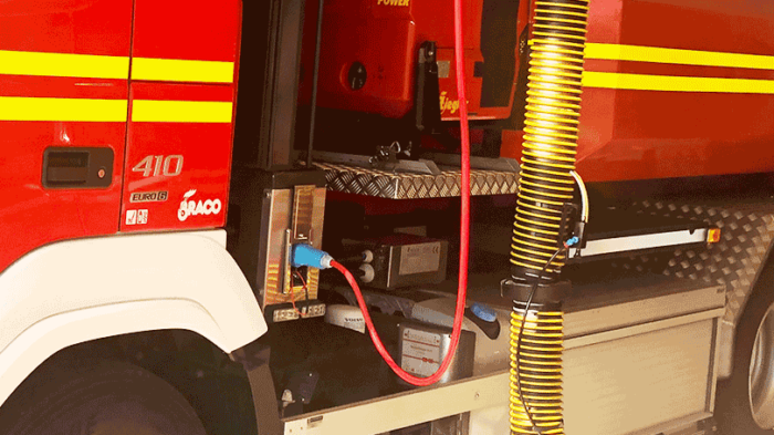 Rettbox on firetruck. Automatic ejection of power cable when the engine is started.
