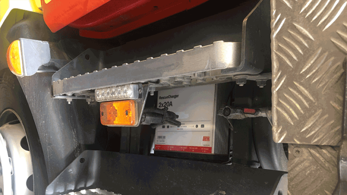 Battery charger mounted on fire truck