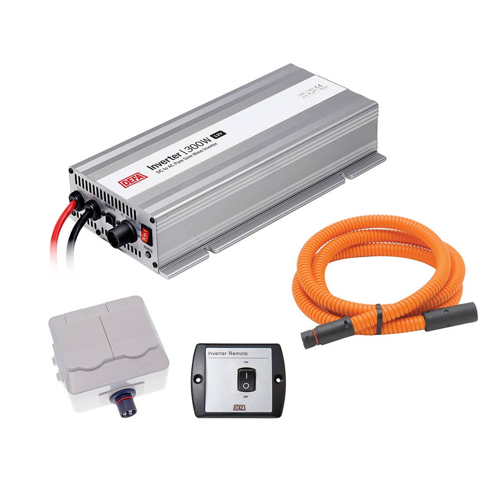 DEFA InverterKit 300W/12V, consisting of an inverter, a double power outlet, a coiled extension cable, and a remote control panel