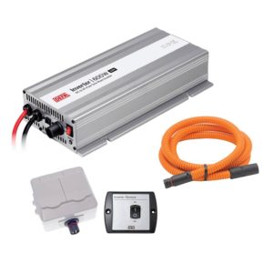 DEFA InverterKit 600W/12V, consisting of an inverter, a double power outlet, a coiled extension cable, and a remote control panel