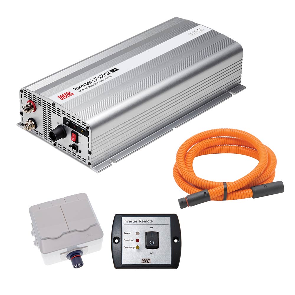 DEFA InverterKit 1500W/12V, consisting of an inverter, a double power outlet, a coiled extension cable, and a remote control panel