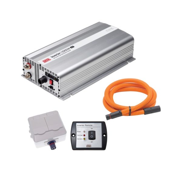 DEFA InverterKit 1000W 24V, consisting of an inverter, a double power outlet, a coiled extension cable, and a remote control panel