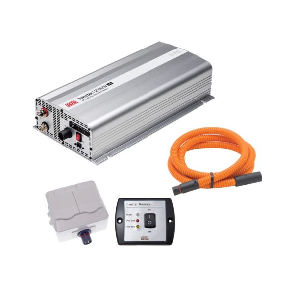 DEFA InverterKit 1500W 24V, consisting of an inverter, a double power outlet, a coiled extension cable, and a remote control panel