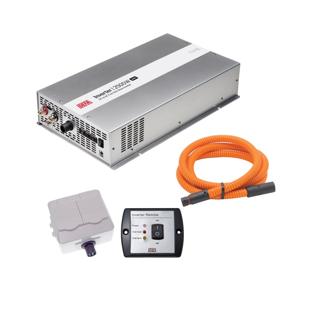 DEFA InverterKit 2500W 24V, consisting of an inverter, a double power outlet, a coiled extension cable, and a remote control panel