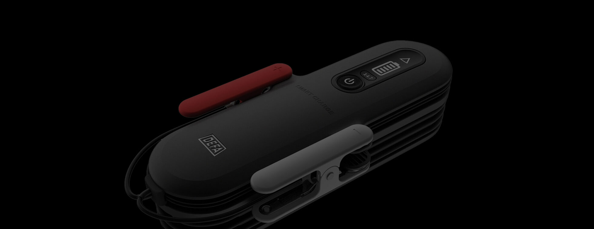 Portable battery charger, front, laying, dark filter