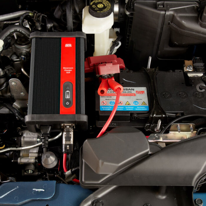 ShowroomCharger 32A mounted and connected in car engine bay