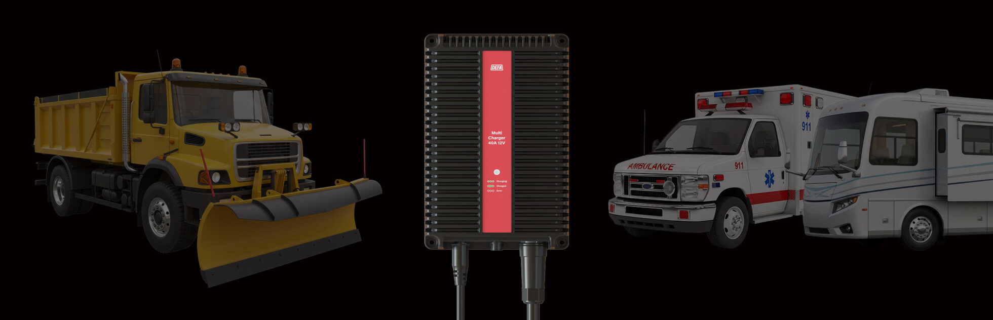 Banner image of HD MultiCharger 40A next to utility vehicles