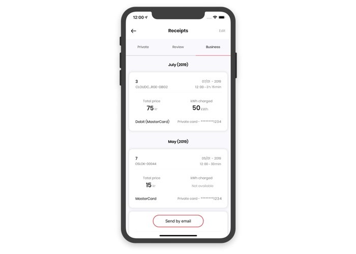 Screenshot CloudCharge app, charging receipts