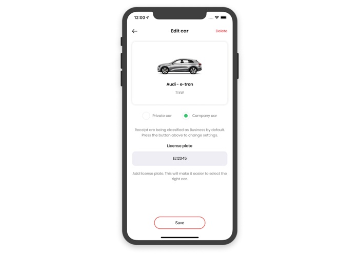 Screenshot CloudCharge app, register your car