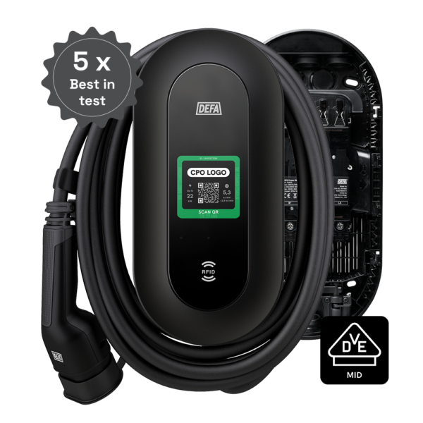 DEFA Power S™ - ladestasjon ideel for systeminstallasjon, m/6 m kabel og display. MID & V2X