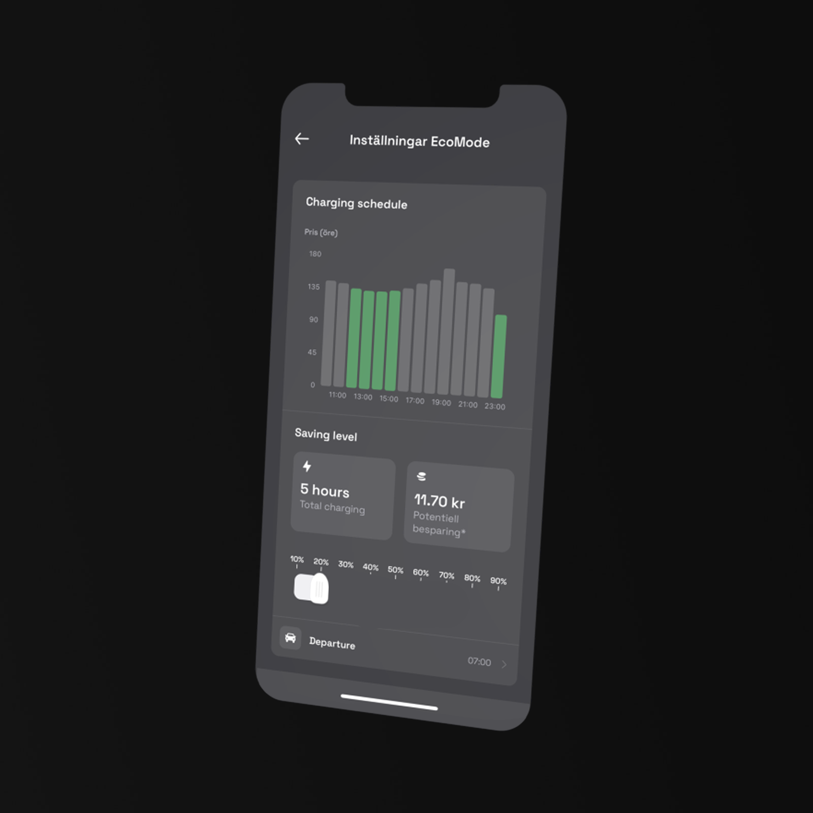 Skärmbild från mobilappen, som visar schemalagda laddningstider för DEFA Power