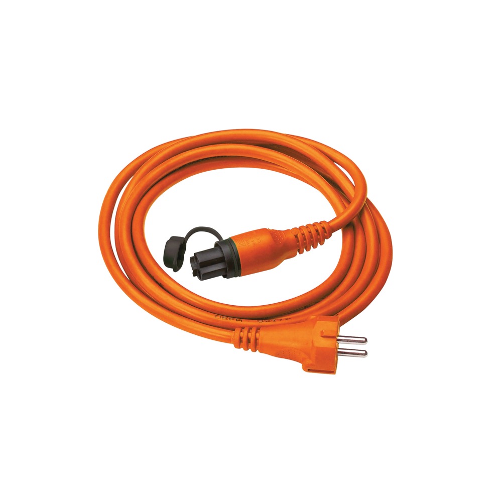 Orange MiniPlug cable coiled, white background