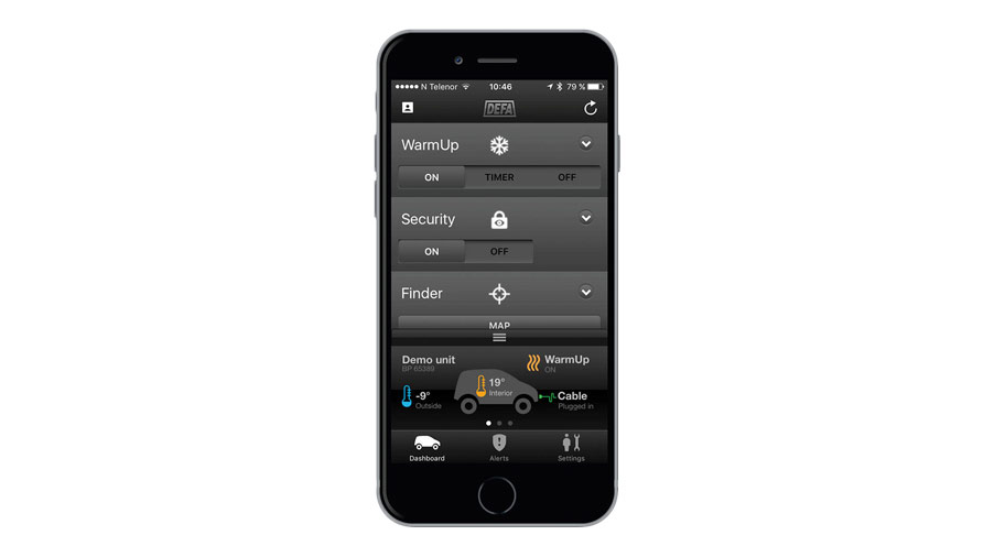 Skärmdump DEFA app - WarmUp, Security och Finder