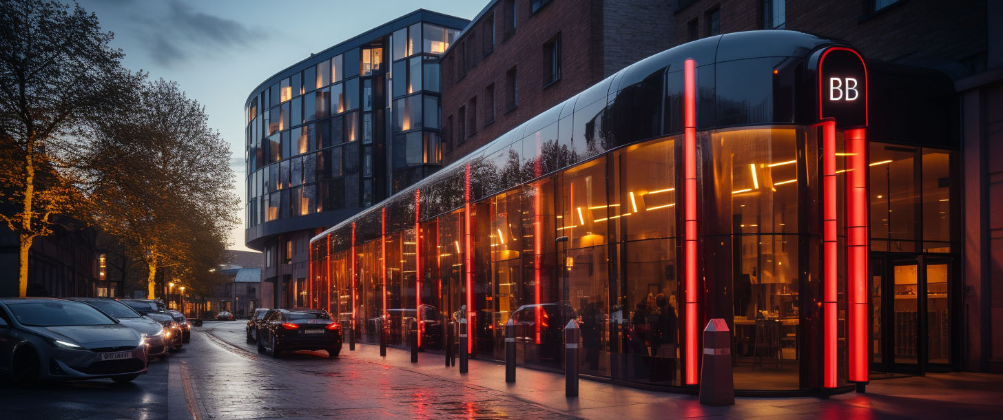 Hotel building with electric vehicles in front of the lobby