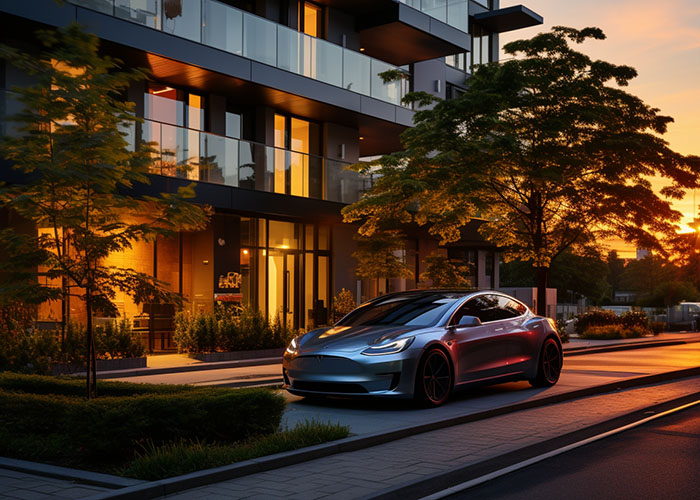 Electric car in front of a modern apartment building